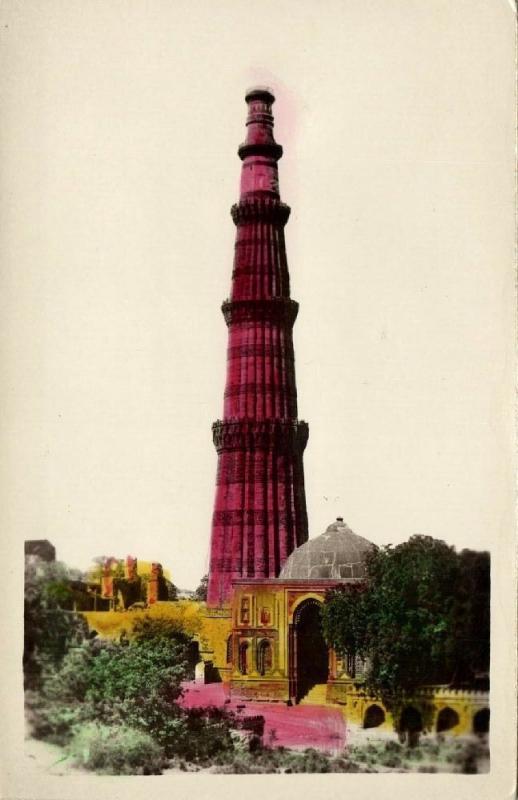 india, NEW DELHI, Qutab Qutb Kutab Minar, Victory Tower (1940s) Tinted RPPC