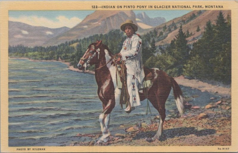 Postcard Native American Indian on Pinto Pony Glacier National Park Montana MT
