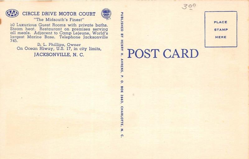 B60/ Jacksonville North Carolina NC Postcard Linen Circle Drive Motor Court