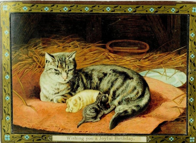 1880's-90's Birthday Card Lovely Cat With Kitten & Puppy Barn Scene &U