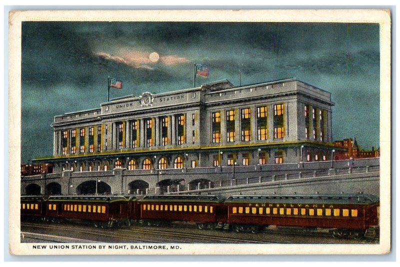 c1920's New Union Station By Night US Flag Baltimore Maryland MD Posted Postcard