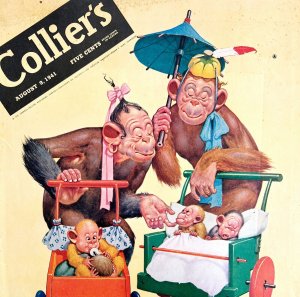 Collier's Monkeys Baby Stroller 1941 Lithograph Magazine Cover Antique Art DWCC1