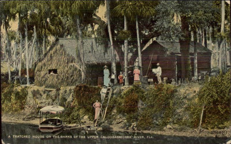 Thatched House Banks of Upper Caloosahatchee River FL c1910 Postcard