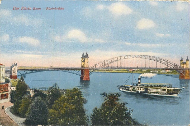 Postcard Germany Der rhein bonn rheinbrucke bridge river boat architecture