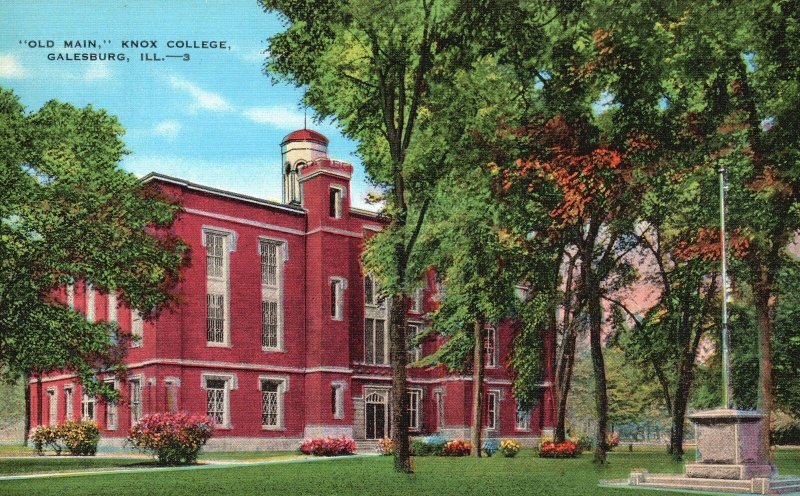 Knox College Old Main Building Tress Landmark Galesburg Illinois IL Postcard