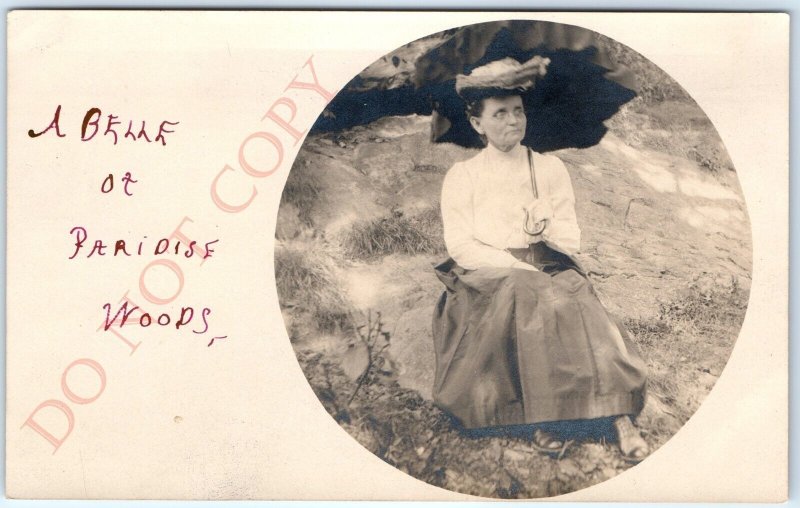 c1900s UDB Lovely Old Lady RPPC At Paradise Woods Park Real Photo Umbrella A127