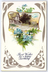 1911 Best Wishes For A Happy Birthday Blue Flowers In Framed Posted Postcard