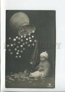 3177735 Boy in GOLDEN RAIN Coins UMBRELLA Vintage PHOTO PC