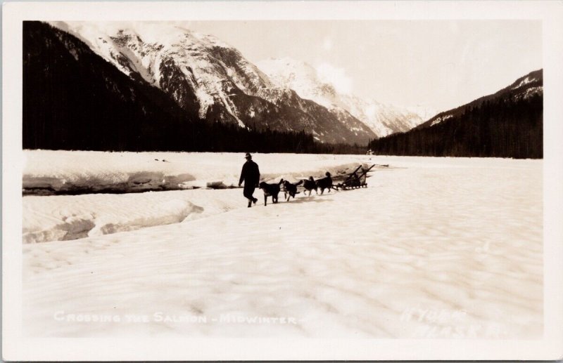 Crossing the Salmon River Hyder Alaska Stewart BC areas Dog Team RP Postcard H55