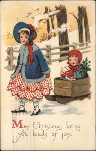 Gibson Little Girls with Sled 1922 Red Cross Christmas Seal Vintage Postcard
