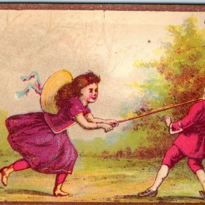 c1880s Boy Girl Children Net Catch Bugs Colorful Trade Card Playing Cute Vtg C31