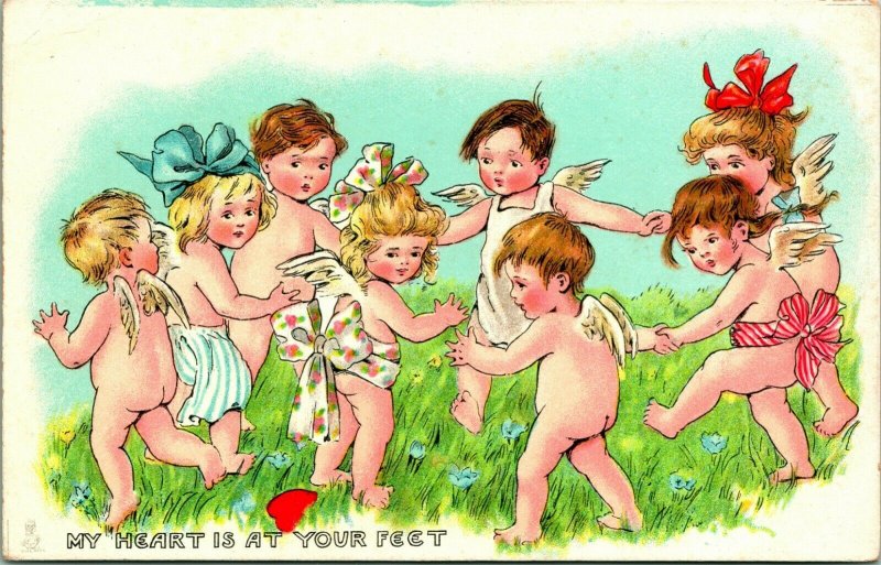 Vtg Valentines Postcard Tuck's Comic Cupid Series My Heart Is Your Feet Unused