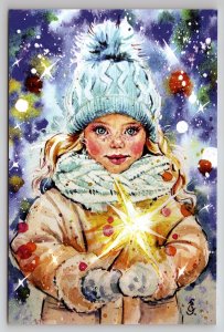 LITTLE GIRL with Bengal Lights Christmas Eve Snow Winter New Unposted Postcard