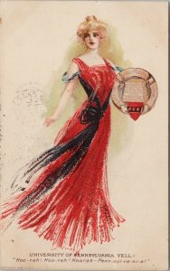 University of Pennsylvania Yell Woman Lady Red Dress Medallion Postcard E96