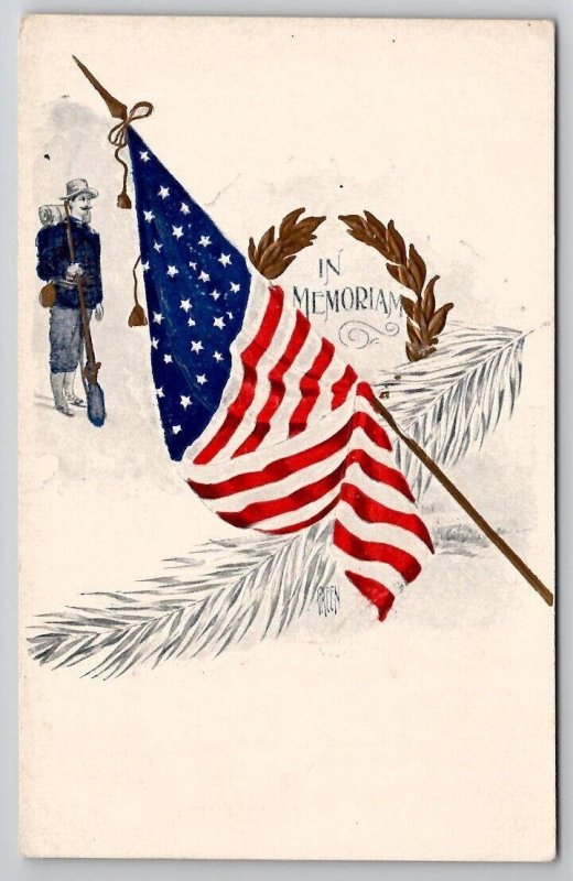 Civil War Patriotic In Memoriam Honor Veterans Soldier Flag GAR A/S Postcard X29