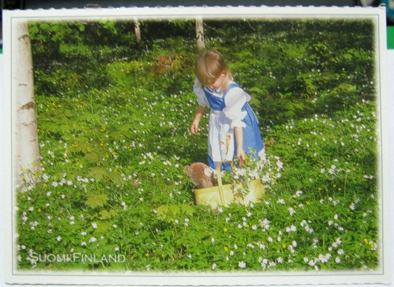 Finland Young Girl picking flowers - unposted