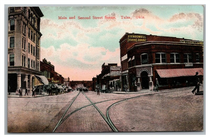 Postcard OK Tulsa Oklahoma Main & Second Street View Jewelry Store c1910s J28