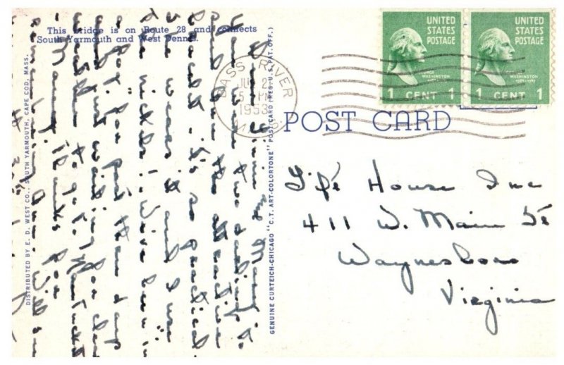 Bass River Bridge Cape Cod Massachusetts Postcard Posted 1953
