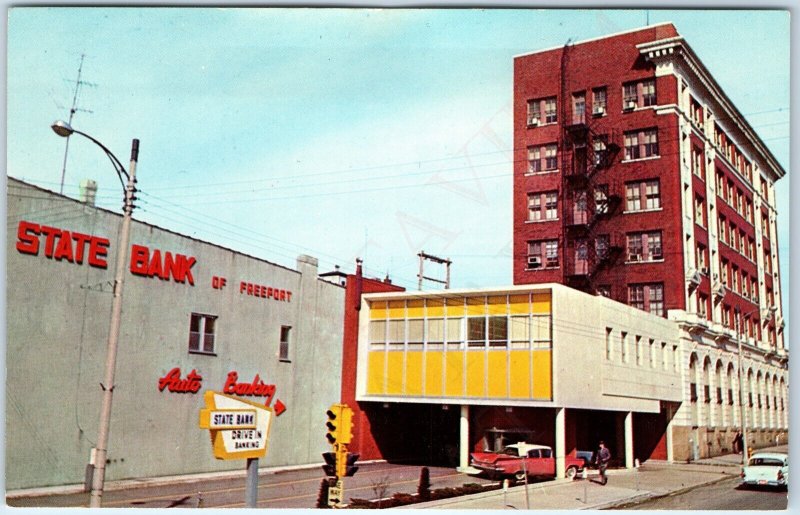 c1950s Freeport IL State Bank Drive In Thru Downtown Chevrolet Chevy Impala A266