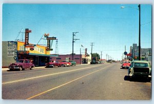 Umatilla Oregon OR Postcard Main Street McNary Dam Drug Store Cafe Cars Highway