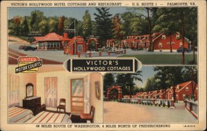 Falmouth Virginia VA Victor's Hollywood Cottages Motel Linen Vintage Postcard