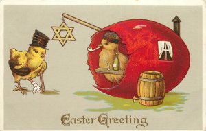 Embossed Easter Postcard Chick Under Star Of David Sells Wine Chick on Crutches