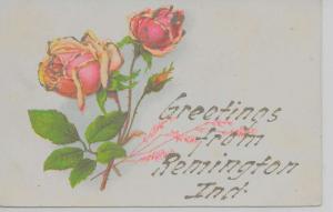 Remington Indiana Greetings From pink-red roses glittered antique pc Z44010