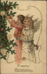 Christmas - Angel Children Decorate Tree c1910 Embossed Postcard