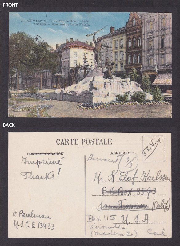 BELGIUM, Postcard, Antwerp City, Monument du Baron D'Hanis
