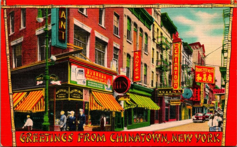 New York Ny Nyc Saludos De Chinatown sin Usar Unp Vtg Lino Tarjeta Postal