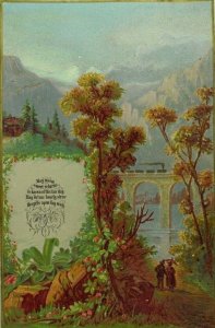 Embossed 1880's Victorian Card Railroad Bridge Mountains Flowers Fabulous! &M