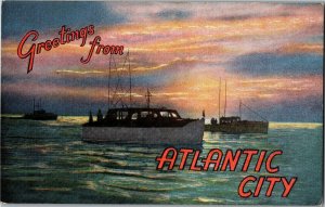 Greetings from Atlantic City NJ Ships at Sunset Vintage Postcard F34