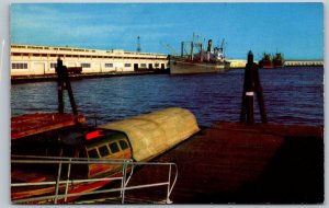 Long Beach California 1950s Postcard Harbor With Ocean Going Vessels Ships Dock