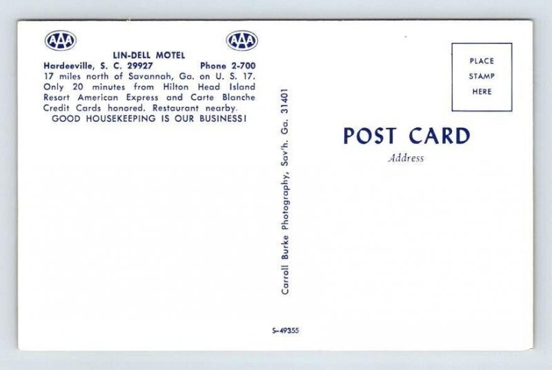 Hardeeville South Carolina Lin-Dell Motel U.S. 17 Postcard