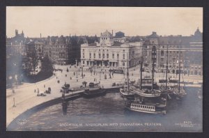 Vintage postcard Stockholm Sweden Nybroplan Dramatiska Teatern theater ships