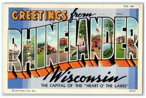 1942 Large Letter Greetings From Rhinelander Wisconsin WI Posted Flags Postcard