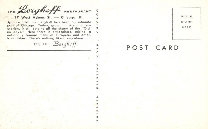 Berghoff Restaurant European American State & Adam St. Chicago Illinois Postcard