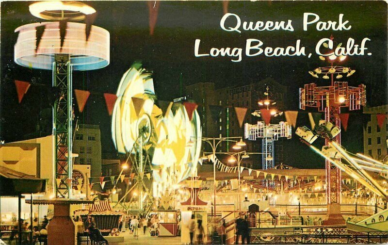 Long Beach California Queens Park Amusement Area Night View Postcard 21-4286