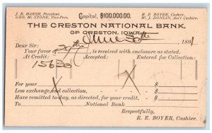 Cedar Rapids Iowa IA Orient IA Postal Card Creston National Bank 1891