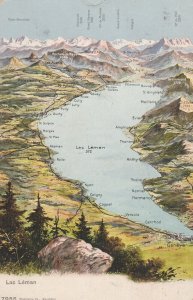 LAC LEMAN (LAKE GENEVA), Map, Switzerland - Vintage POSTCARD