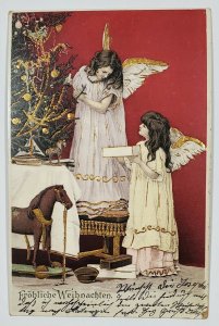 Christmas Greeting Beautiful Gilded Angel Children Toys Tree c1904 Postcard U15