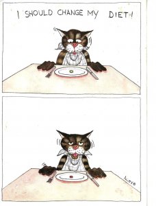 Funny cat. I should change my diet! Humorous modern artist signed Dutch postca.