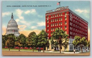 Washington DC~Union Station Plaza~Hotel Commodore~Sign~Flag~Linen 1940s Postcard