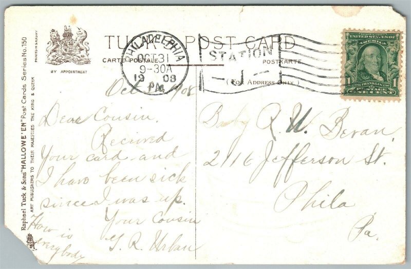 HALLOWEEN 1908 ANTIQUE POSTCARD KIDS w/ SHADOWS