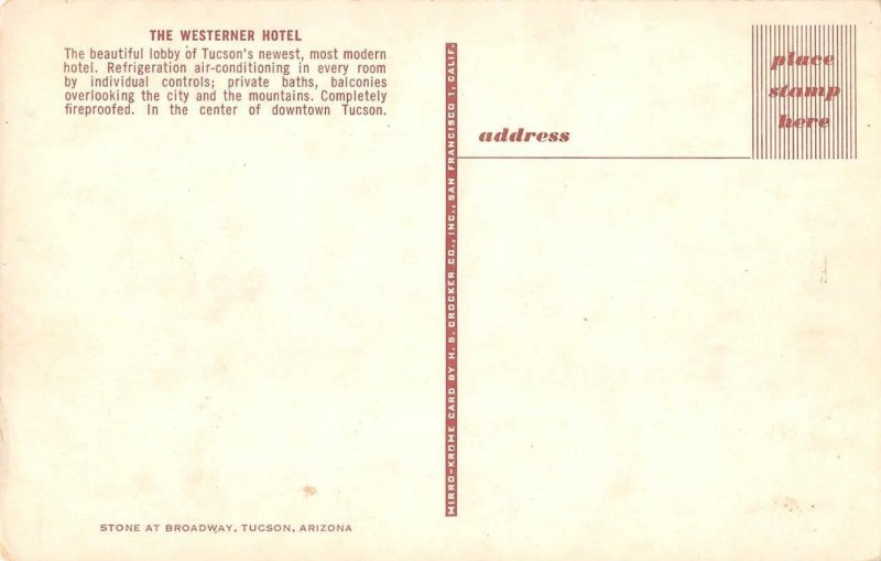 WESTERNER HOTEL Tucson, AZ Mid-Century Modern Interior Lobby 1950s Postcard