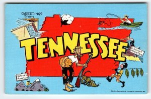 Greetings From Tennessee Hillbilly Moonshine Fish Boat Postcard Map Linen Kropp