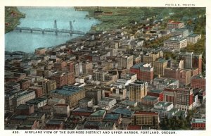 Vintage Postcard 1920's Airplane View Business District Upper Harbor Portland OR