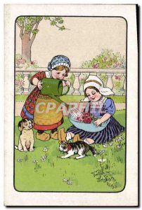 Old Postcard Fantasy Children Cat Dog Kitten