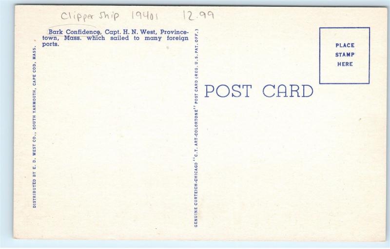 Cape Cod Massachusetts MA Bark Confidence Clipper Ship 1940s Vintage Postcard A5