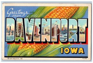 1942 Greetings From Davenport Iowa IA Banner Large Letter Corn Vintage Postcard 